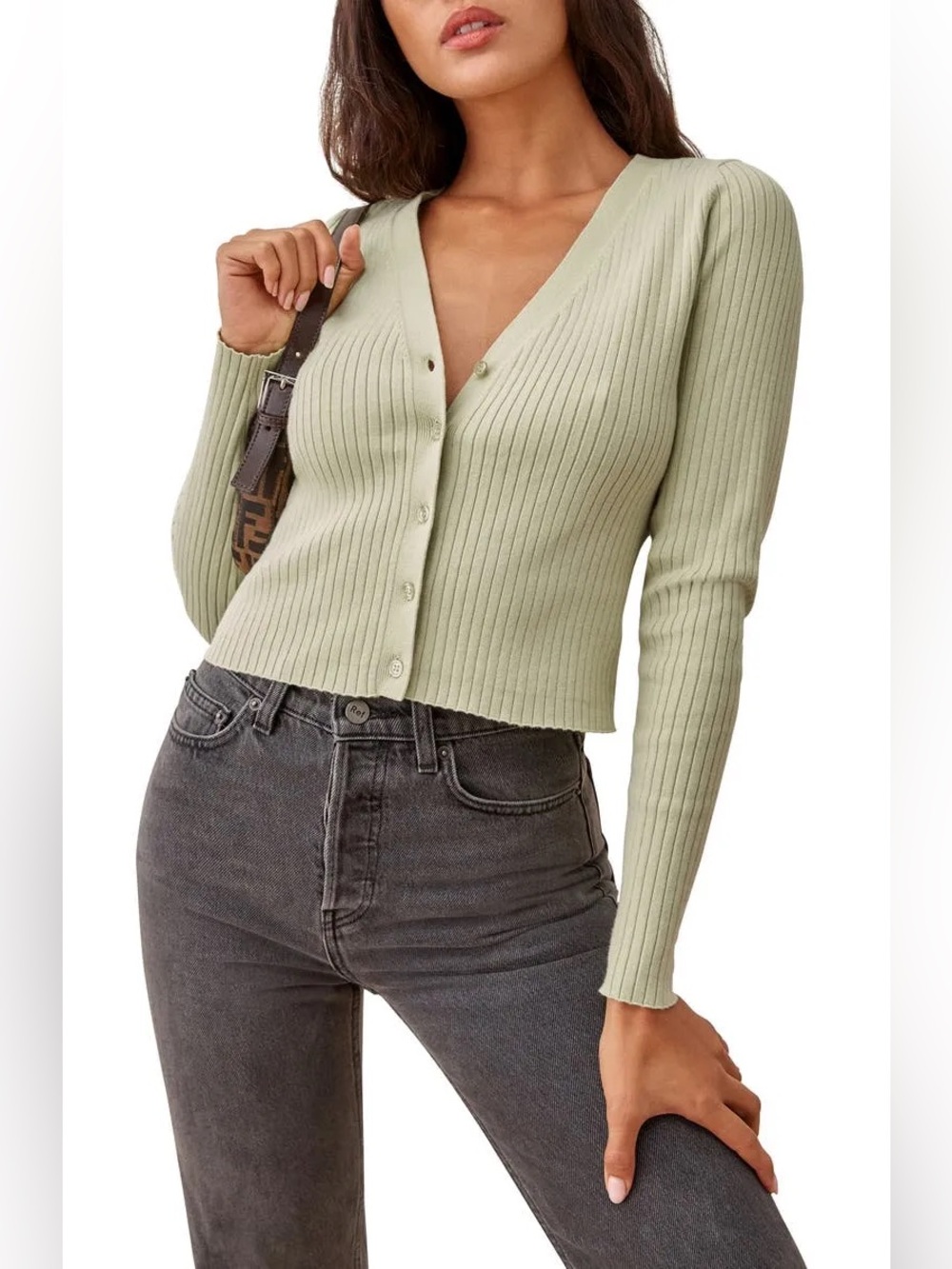 Reformation Gilda Ribbed V-Neck Cardigan – Eucalyptus Green – Size Medium - Picture 2 of 8